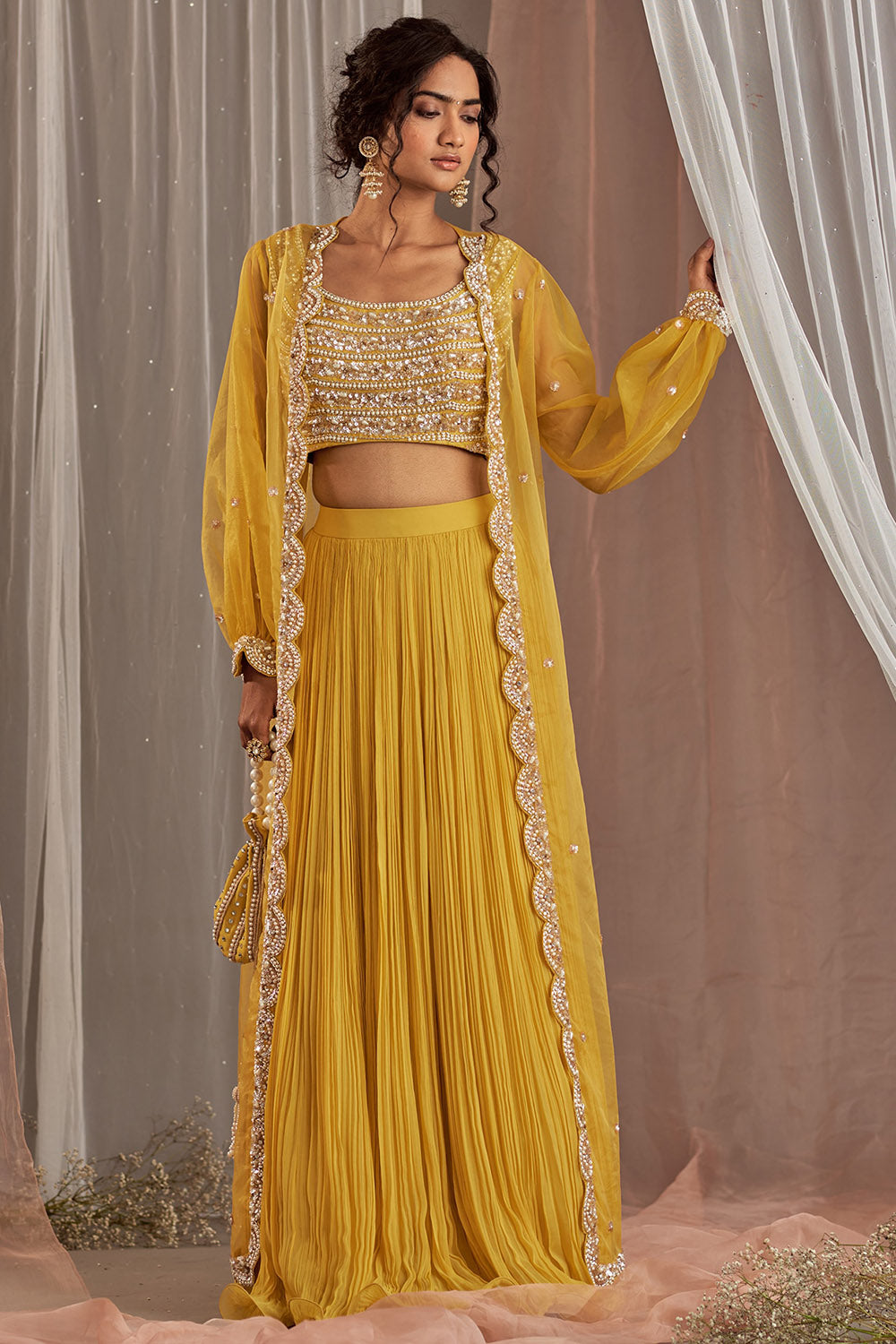 Crinckle Georgette Yellow Lehenga Set