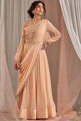 Hand Embroidered Salmon Pink One-Shoulder Anarkali Set