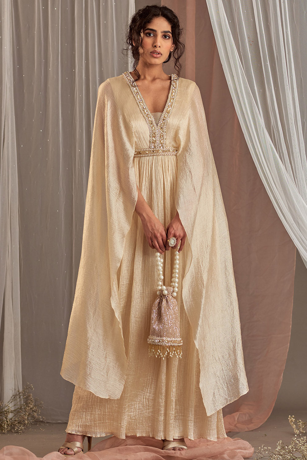 Hand Embroidered Ivory Draped Gown