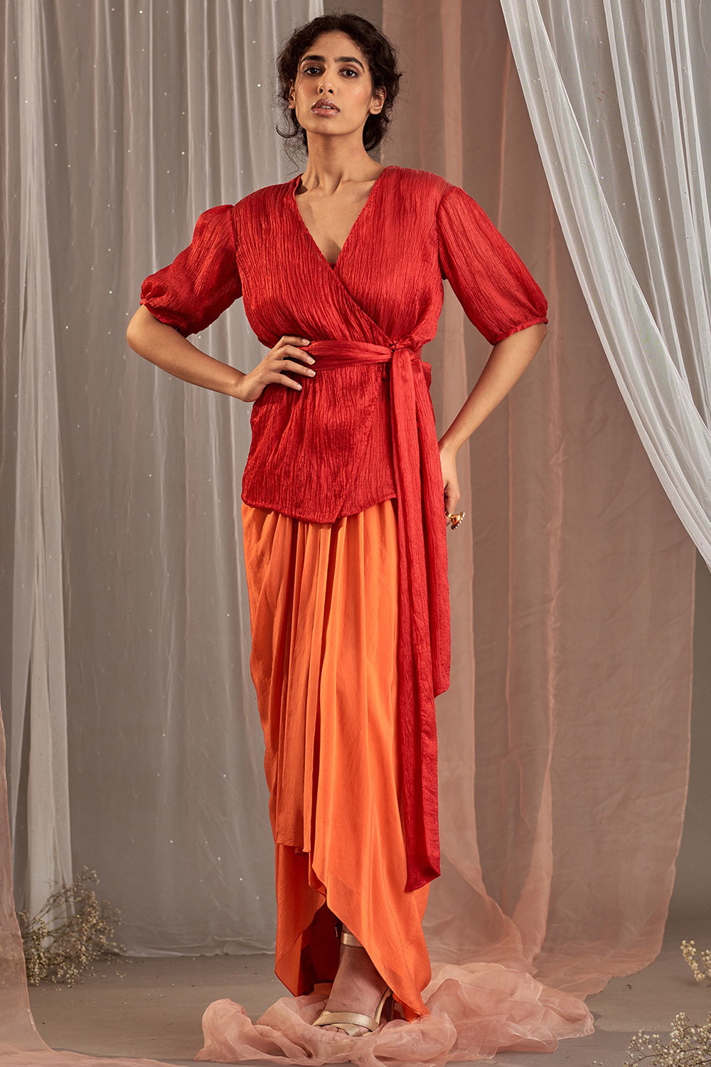 Draped Orange Skirt Set