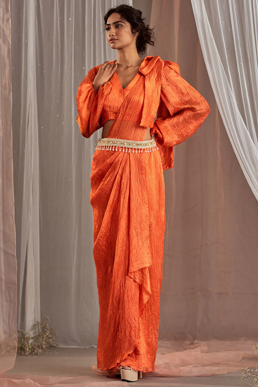 Crinkle Silk Orange Draped Skirt Set