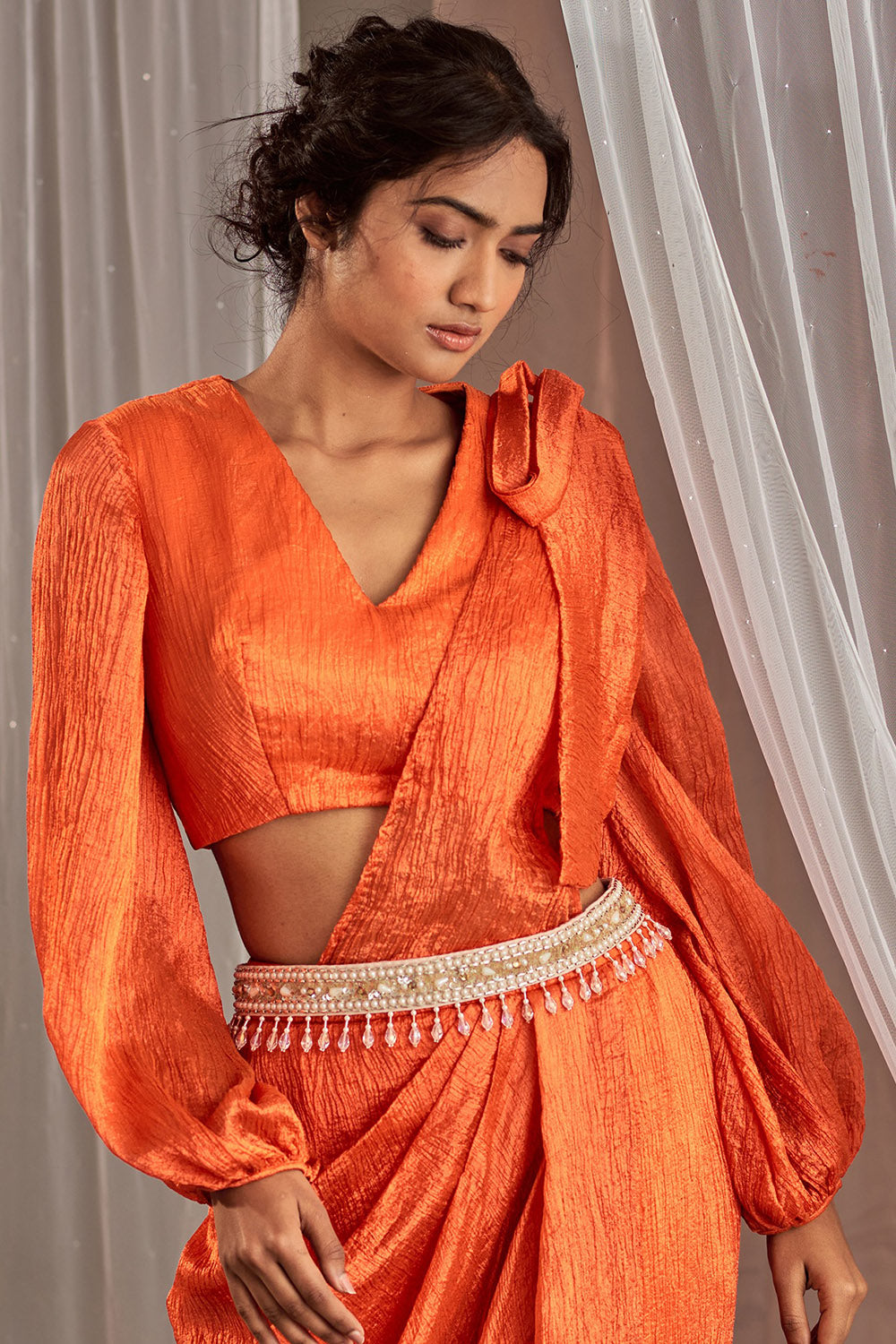 Crinkle Silk Orange Draped Skirt Set