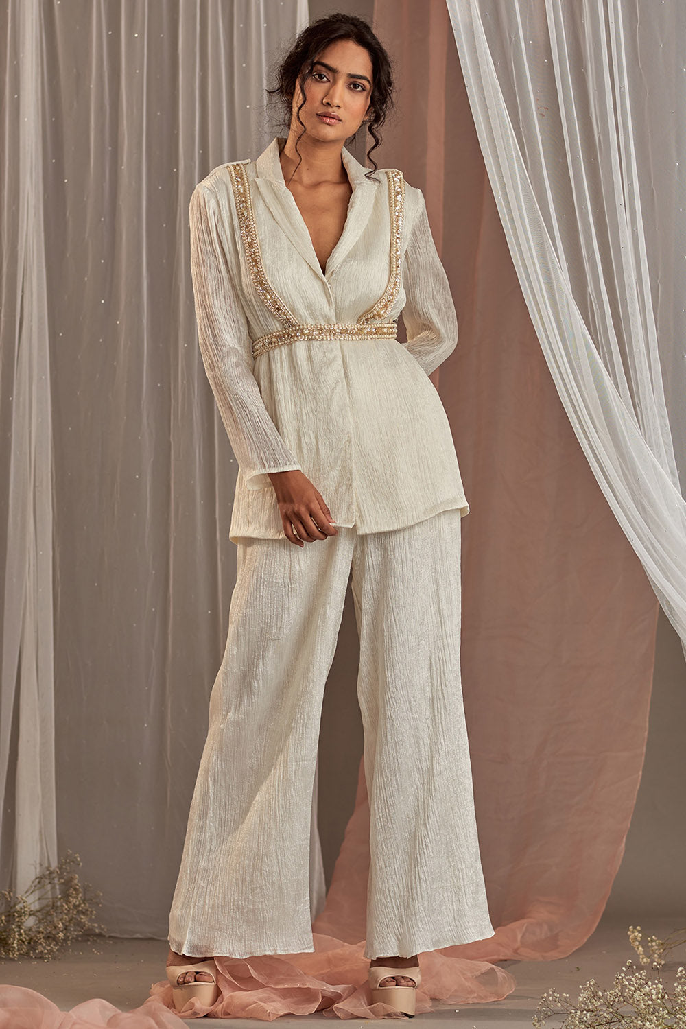 Crinkle Silk White Blazer Set