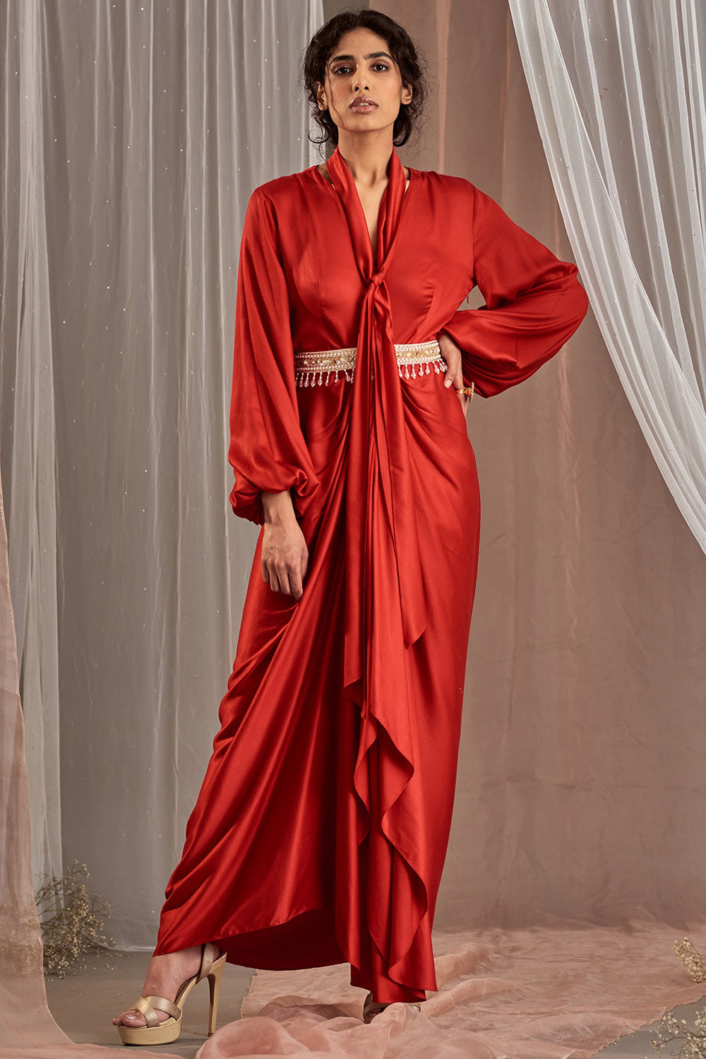 Modal Satin Red Hand Draped Dress