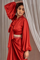 Modal Satin Red Hand Draped Dress