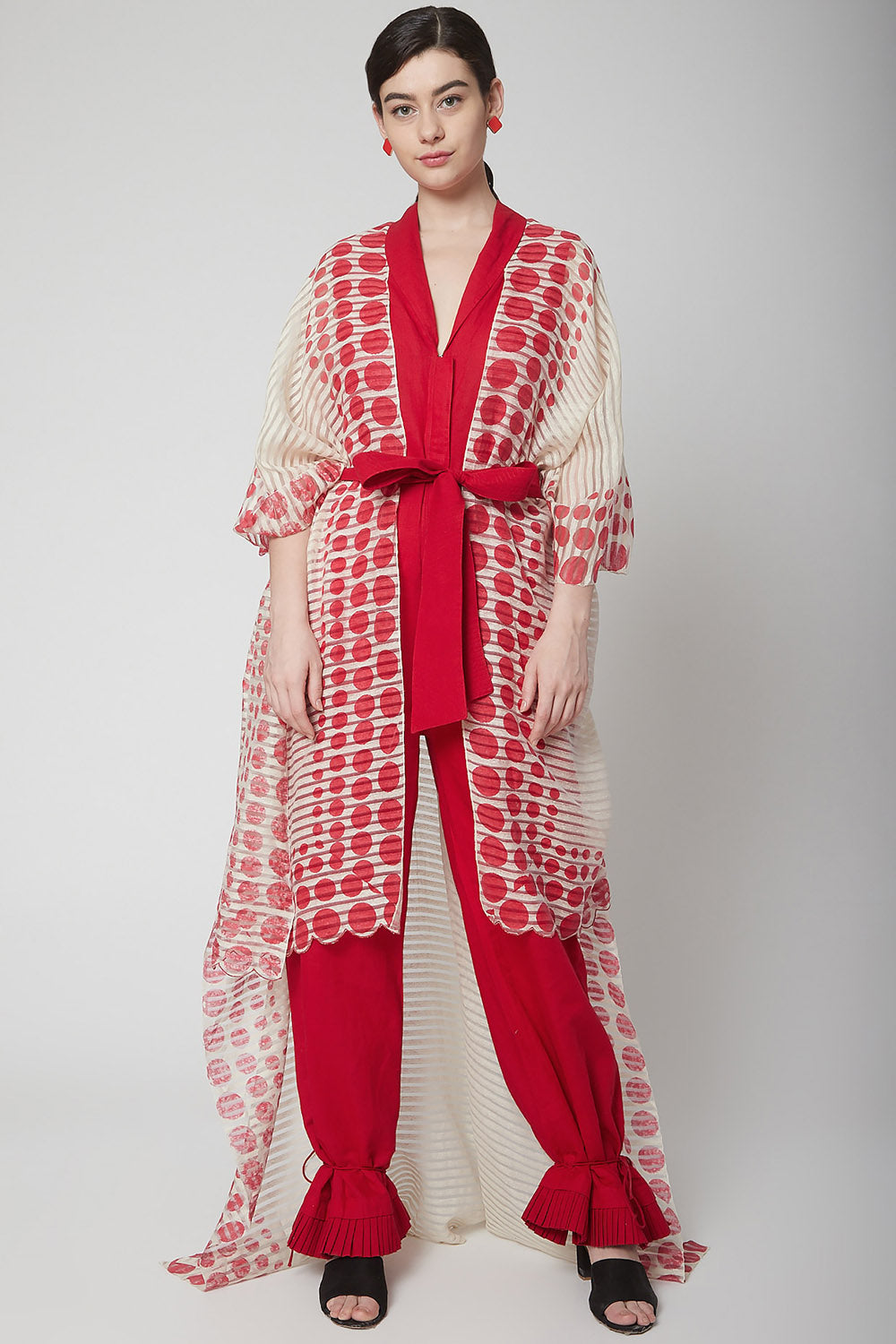 Printed Red Jumpsuit With Cape & Belt