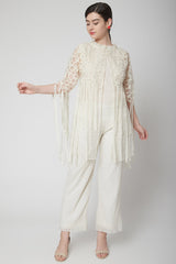 Embroidered White Cape With Fringes