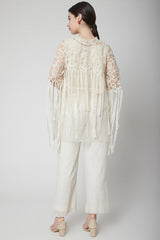 Embroidered White Cape With Fringes