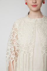 Embroidered White Cape With Fringes