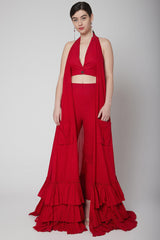 Frill Red Cape & Crop Top With Pants