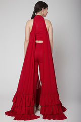 Frill Red Cape & Crop Top With Pants