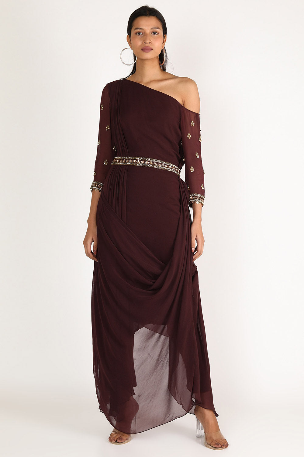 Embroidered Maroon Draped Kurta Set