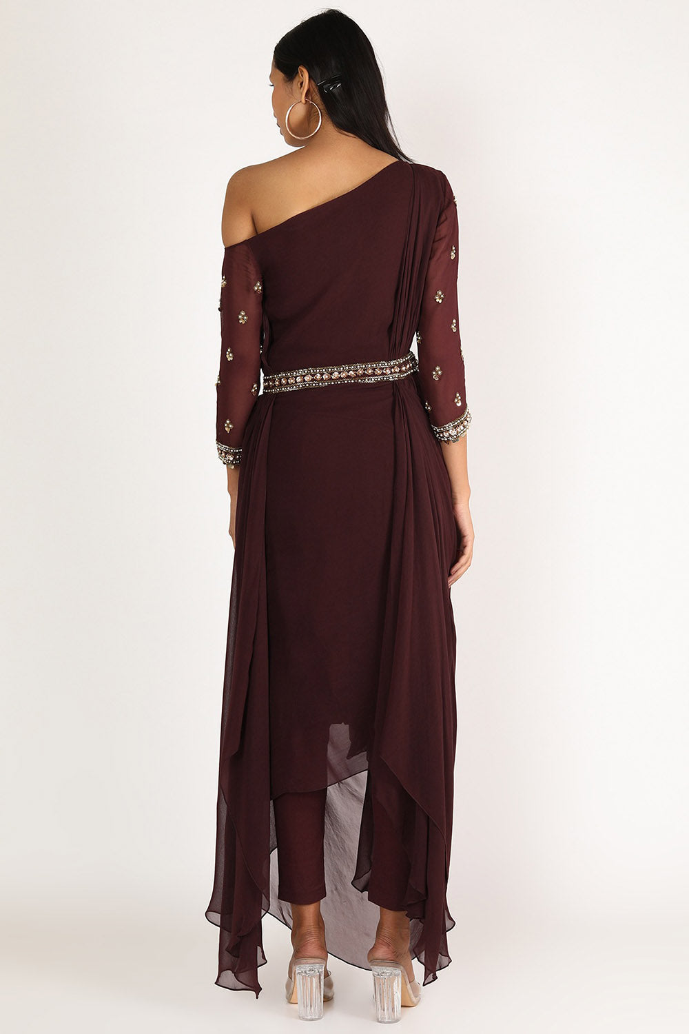 Embroidered Maroon Draped Kurta Set