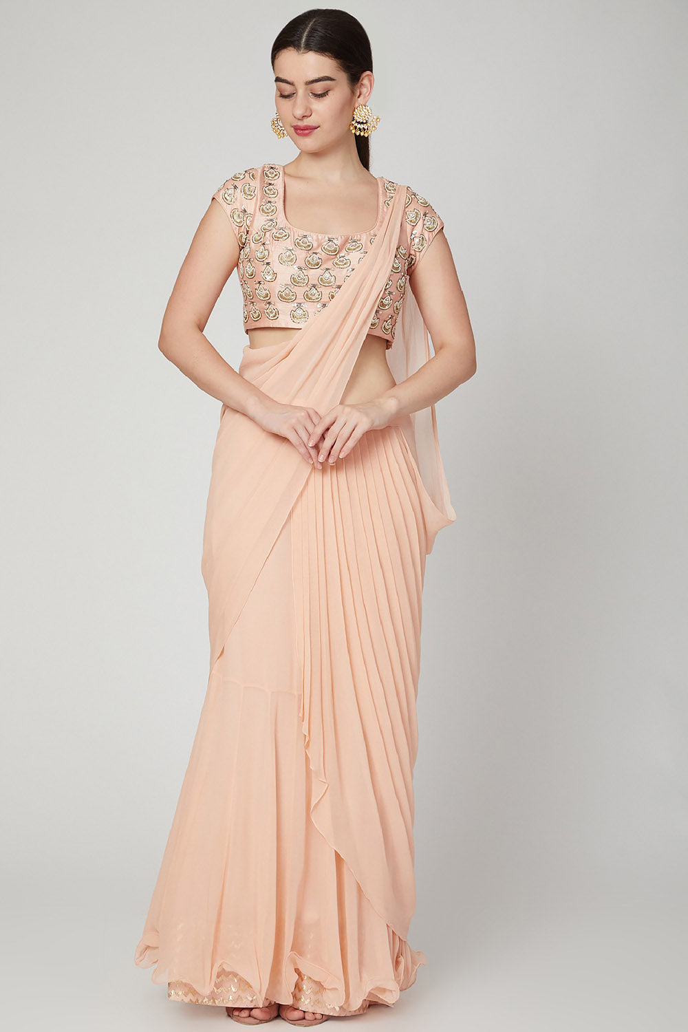 Embroidered Peach Pre-Stitched Saree Set