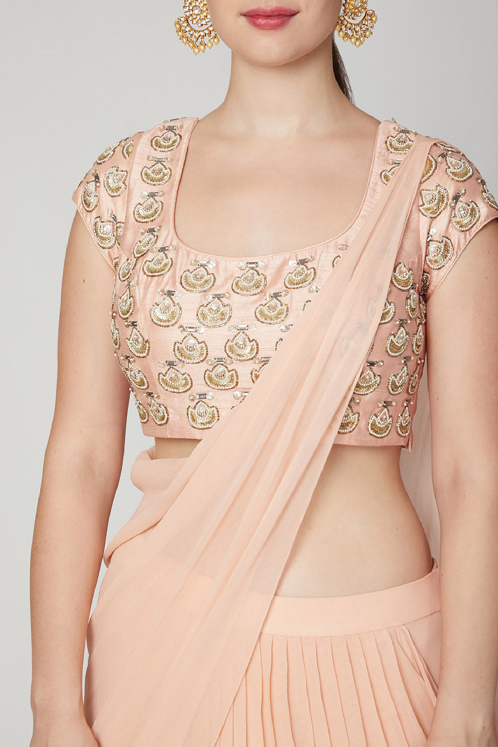 Embroidered Peach Pre-Stitched Saree Set