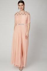 Embroidered Peach Jumpsuit With Attached Drape