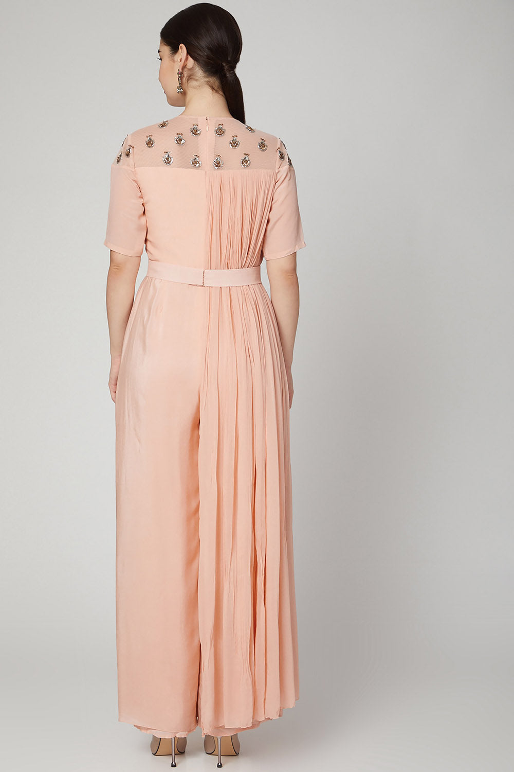 Embroidered Peach Jumpsuit With Attached Drape