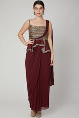 Embroidered Maroon Saree Gown