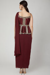 Embroidered Maroon Saree Gown