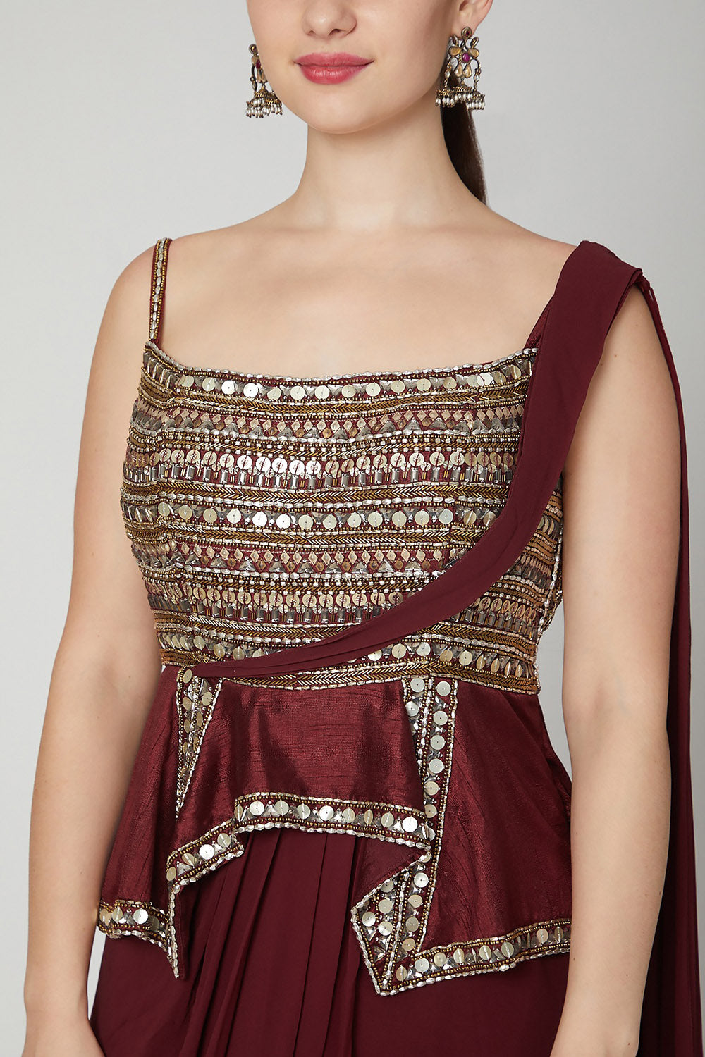 Embroidered Maroon Saree Gown