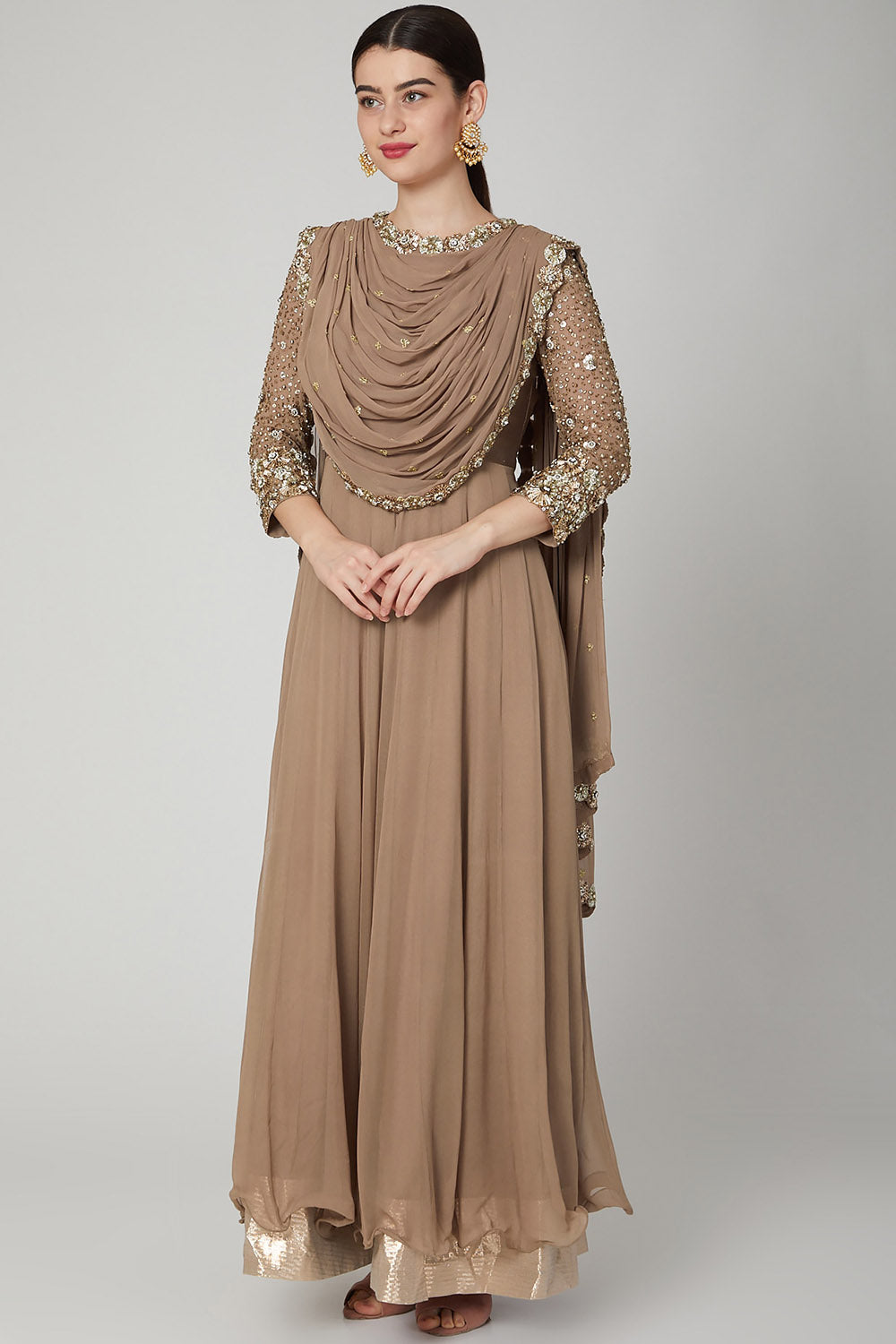 Embroidered Nude Draped Anarkali