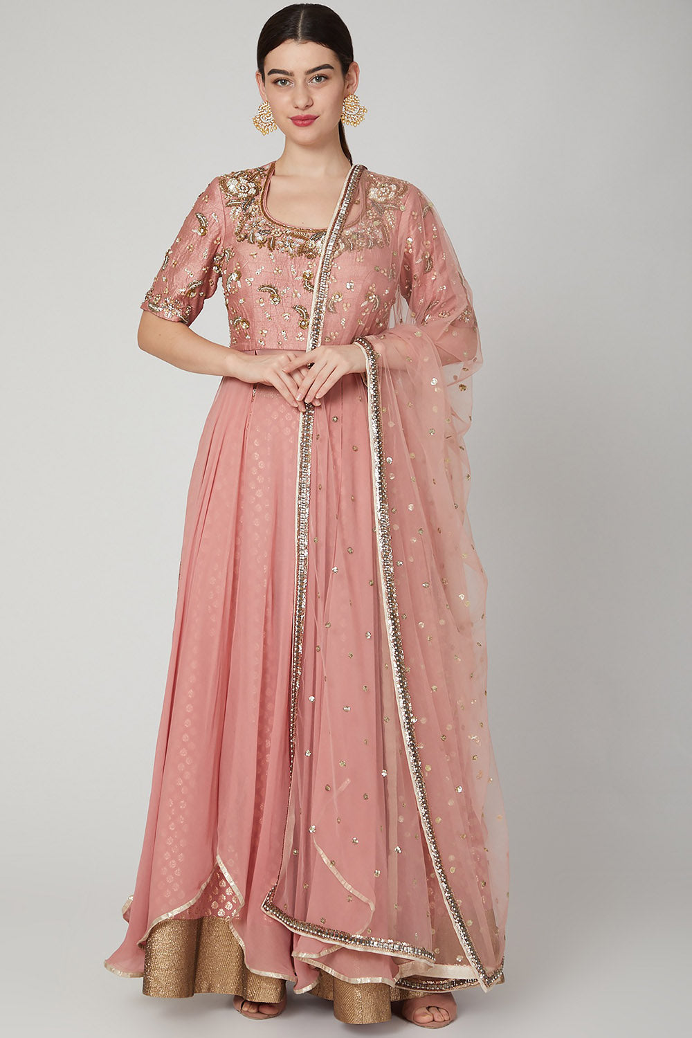 Embroidered Blush Pink Draped Lehenga Set