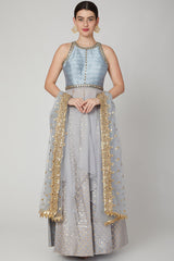 Embroidered Sky Blue Draped Lehenga Set