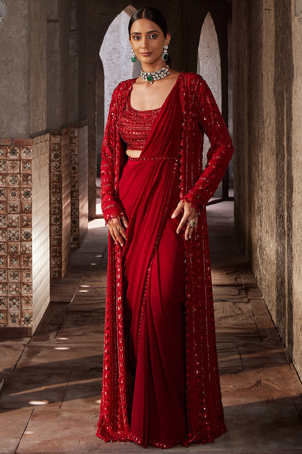 Georgette Red Draped Saree Set