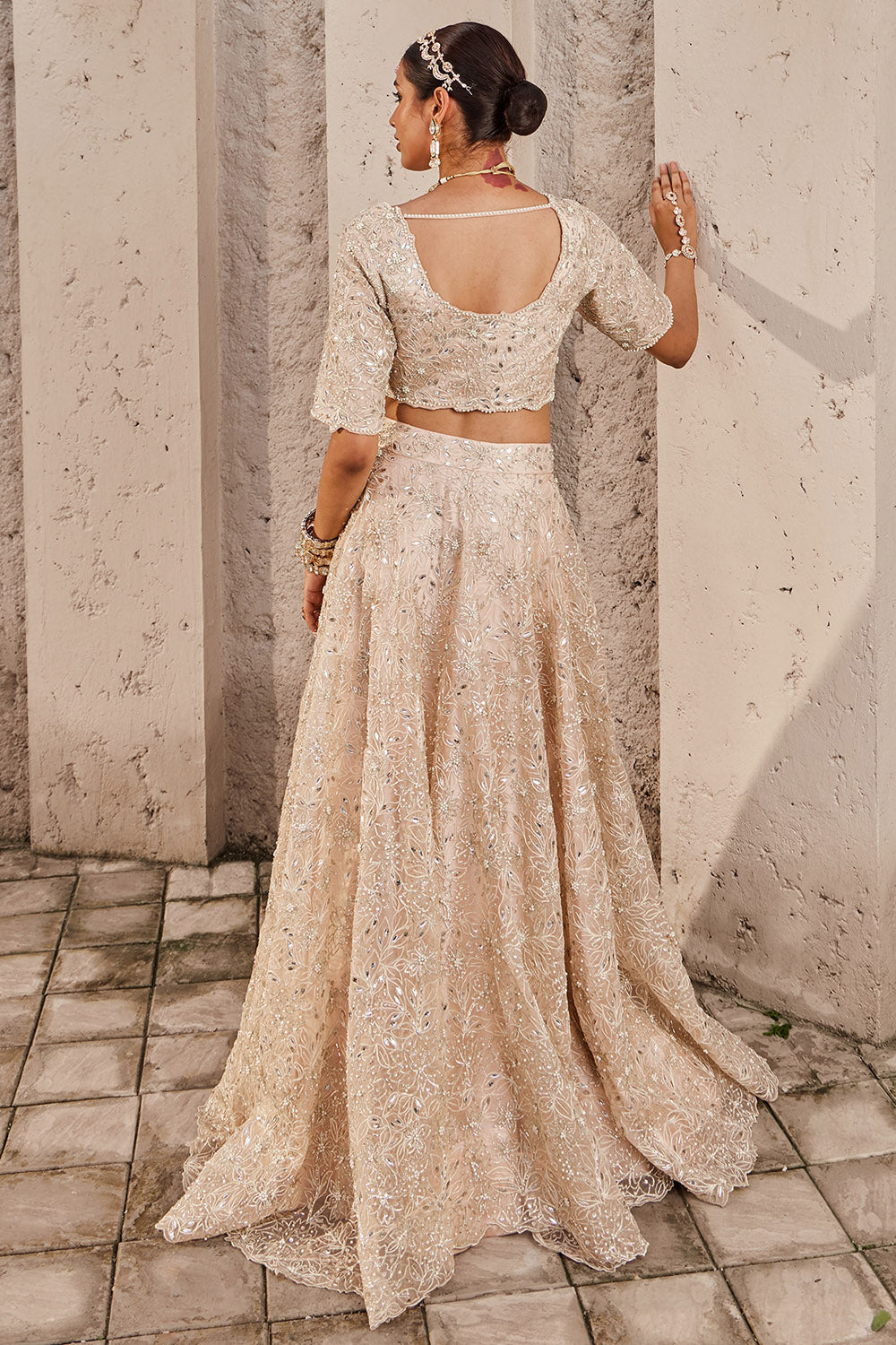 Satin & Organza Champagne Embroidered Lehenga Set