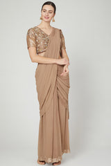 Embroidered Nude Pre-Draped Saree Set