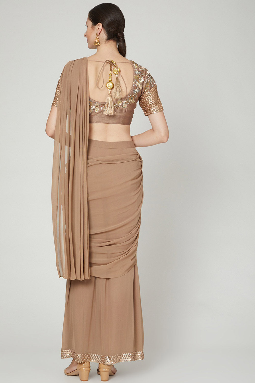 Embroidered Nude Pre-Draped Saree Set