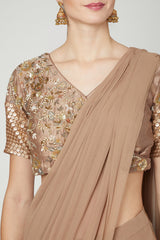 Embroidered Nude Pre-Draped Saree Set