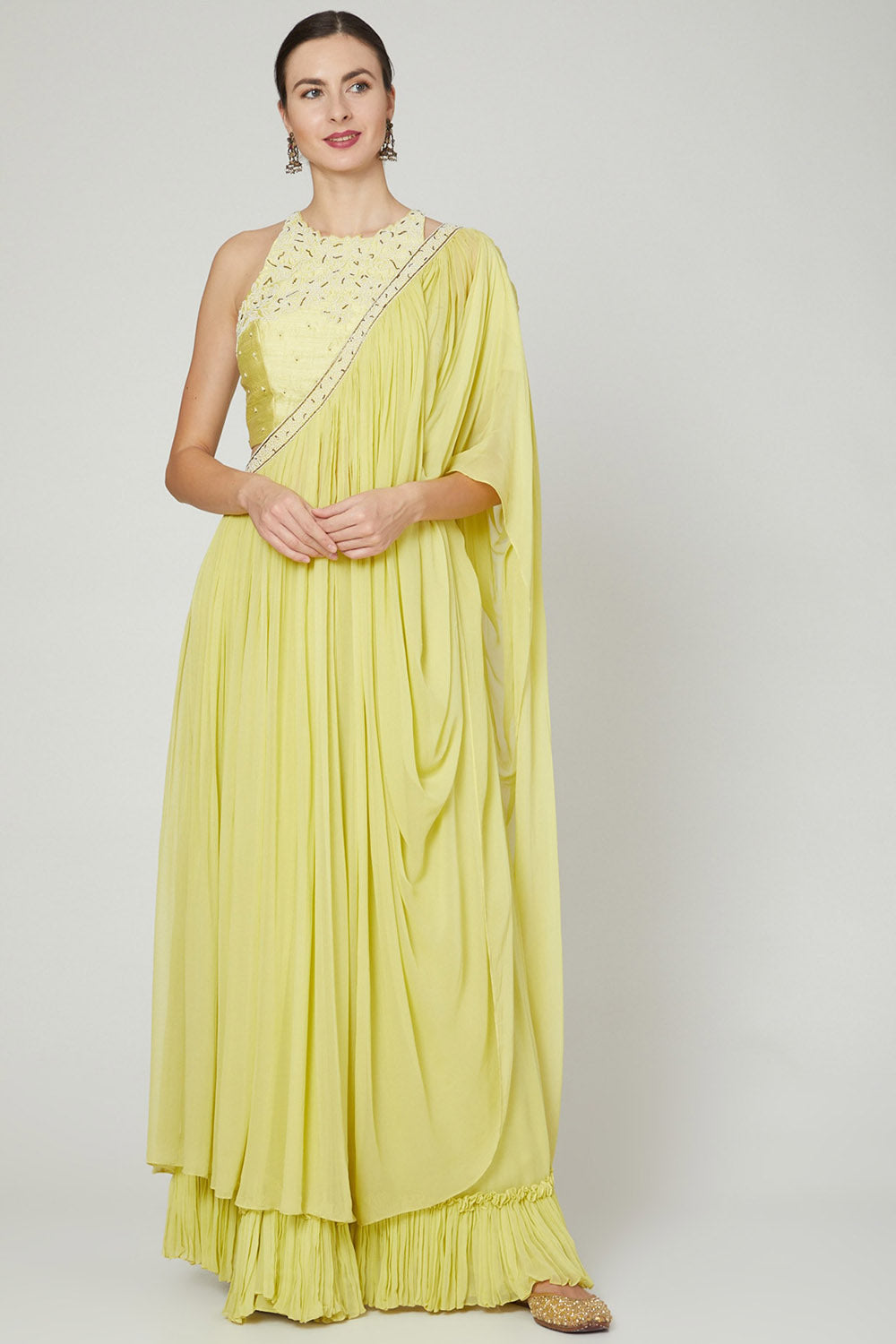 Embroidered Lime Yellow Draped Saree Set