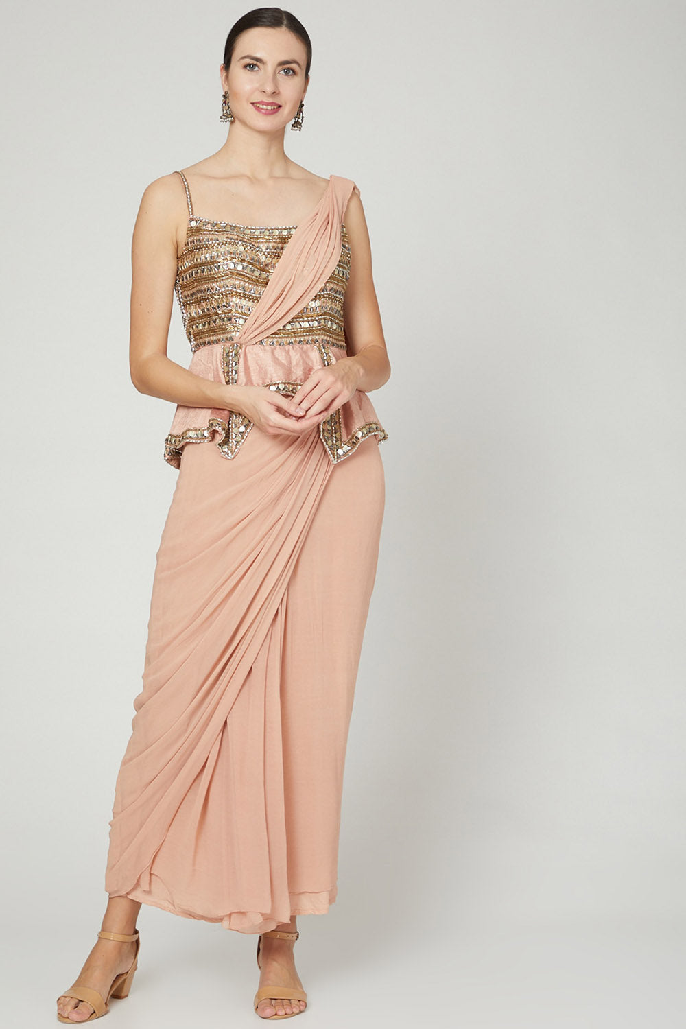 Embellished Salmon Pink Saree Gown