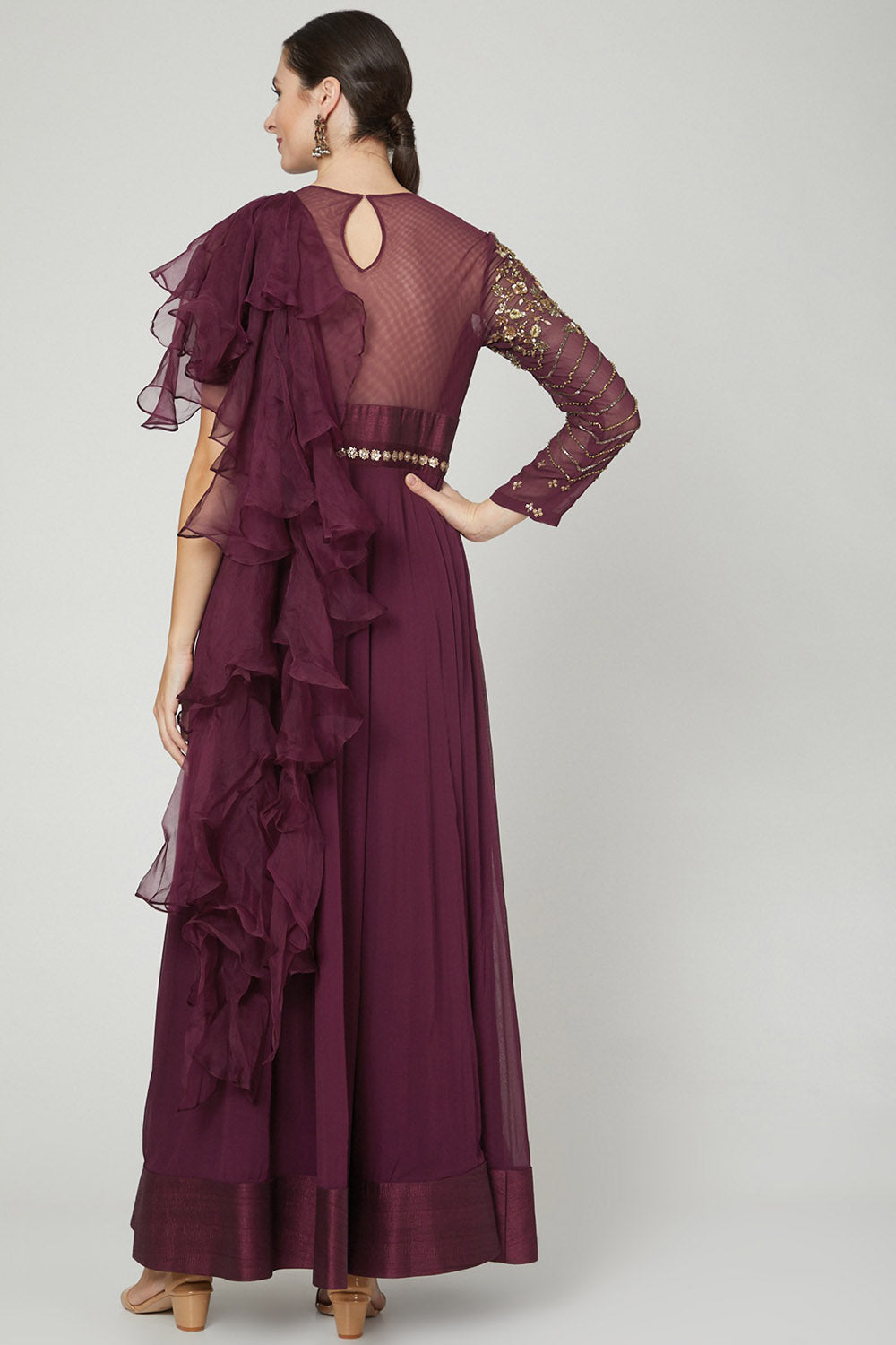 Embellished Wine Ruffled Gown