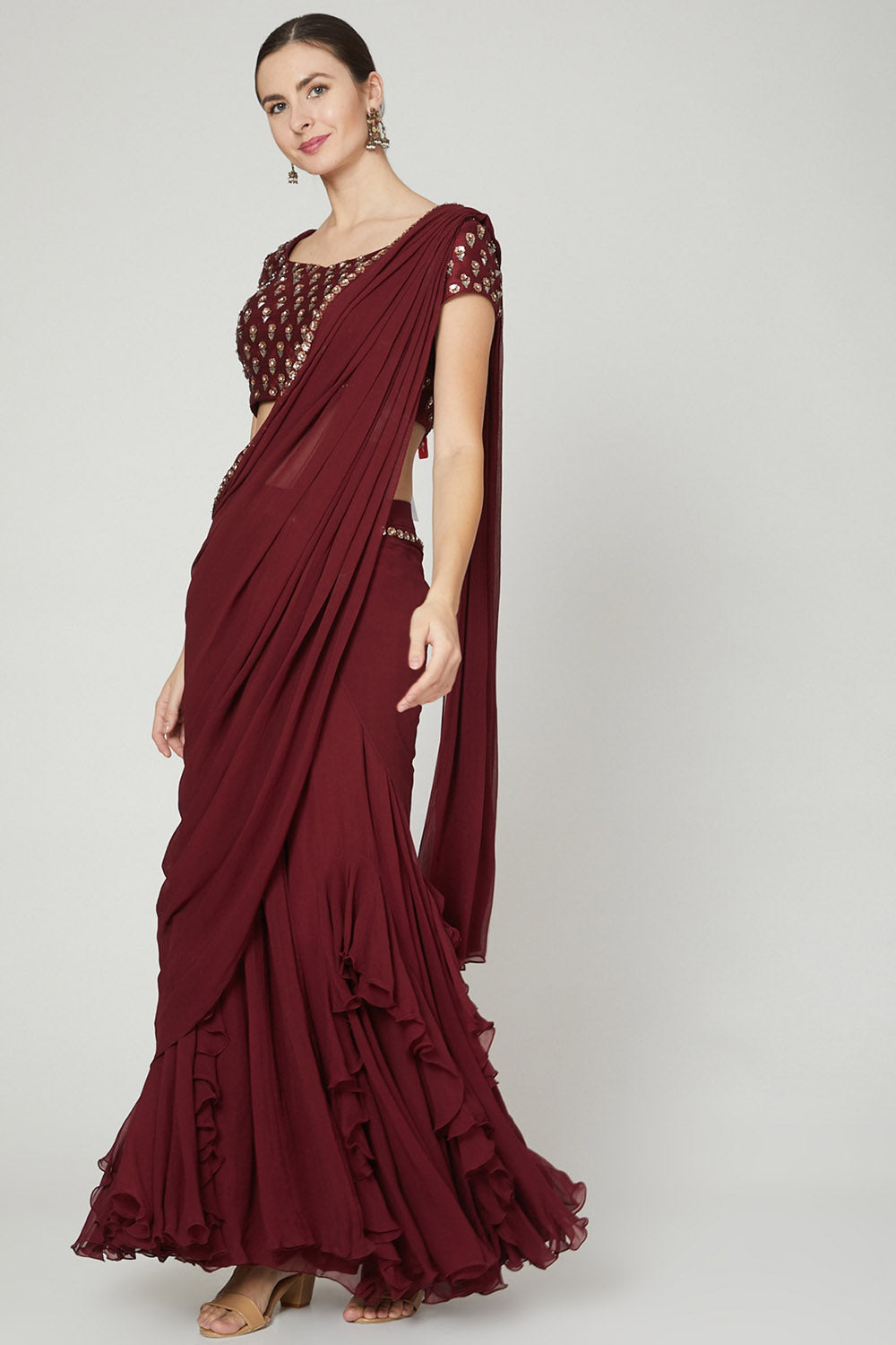 Ruffled Maroon & Draped Saree Set