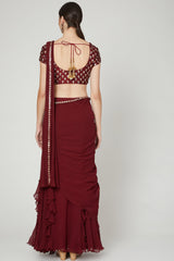 Ruffled Maroon & Draped Saree Set