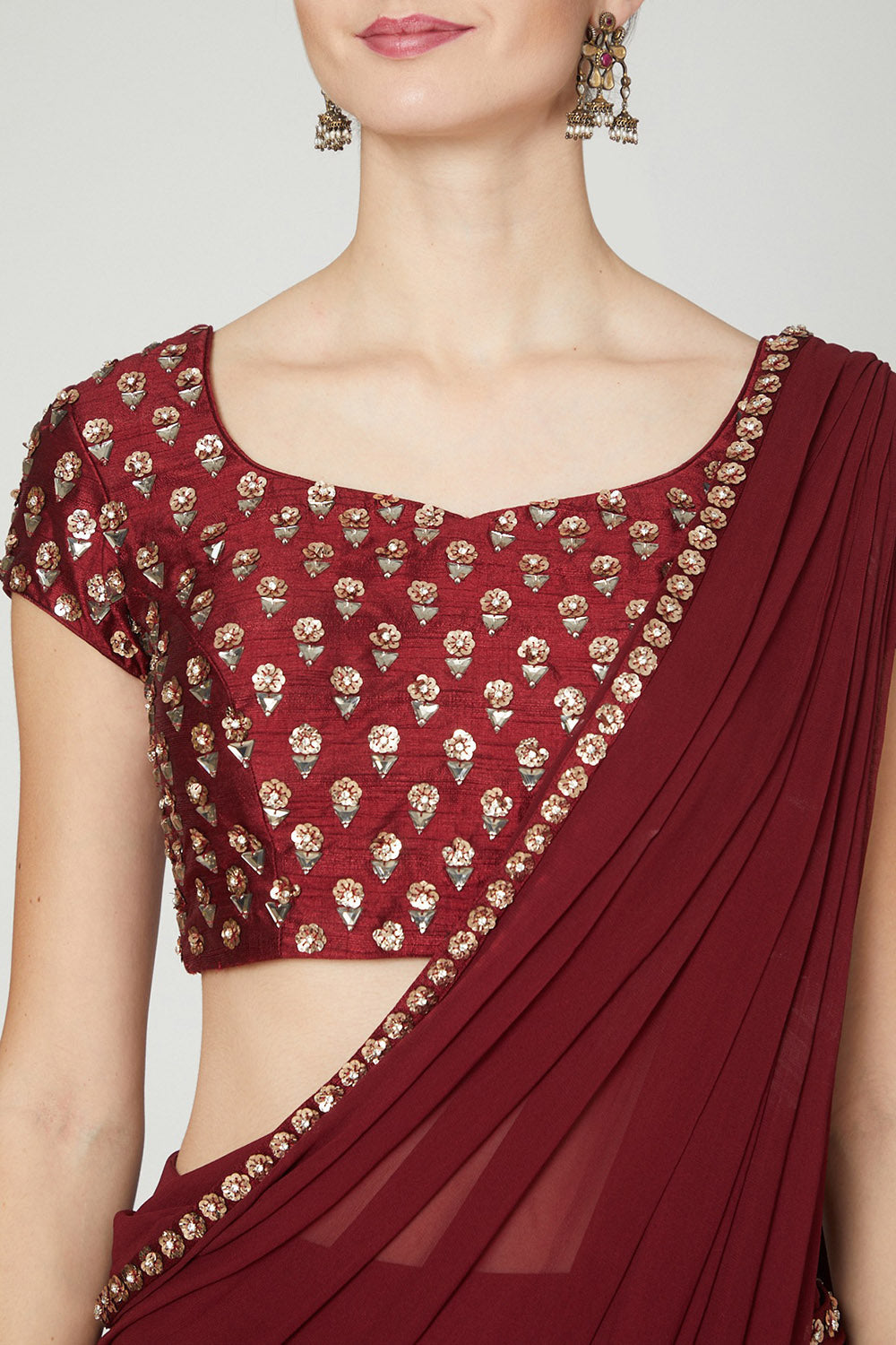 Ruffled Maroon & Draped Saree Set