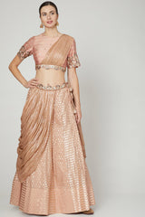 Embroidered Salmon Pink Draped Lehenga Set