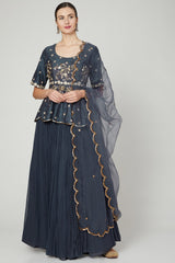 Crinkled Georgette Grey Lehenga Set