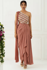 Hand Embroidered Cedar One Shoulder Gown