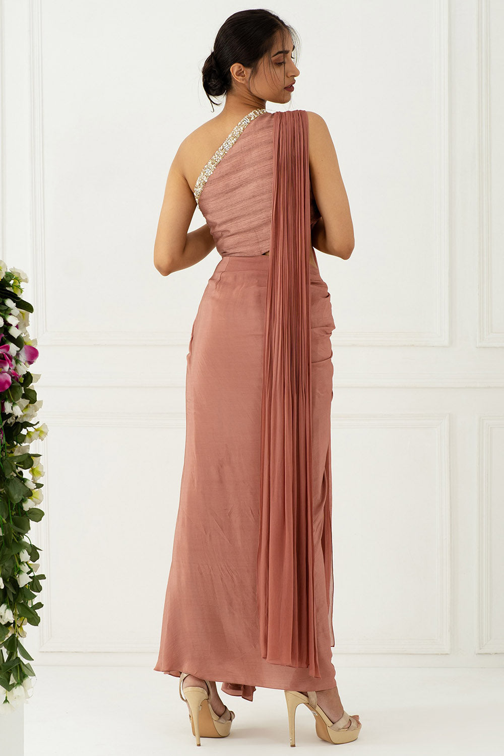 Hand Embroidered Cedar One Shoulder Gown