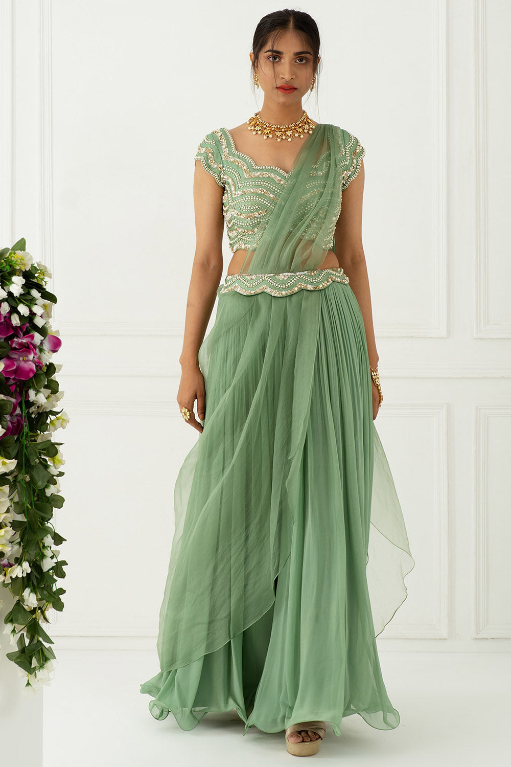 Crinkled Green Sharara Set