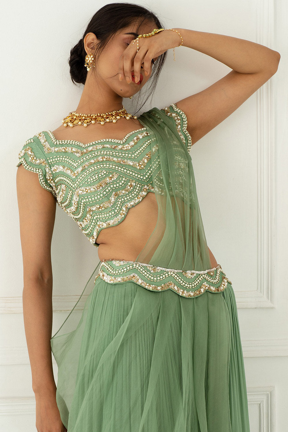 Crinkled Green Sharara Set