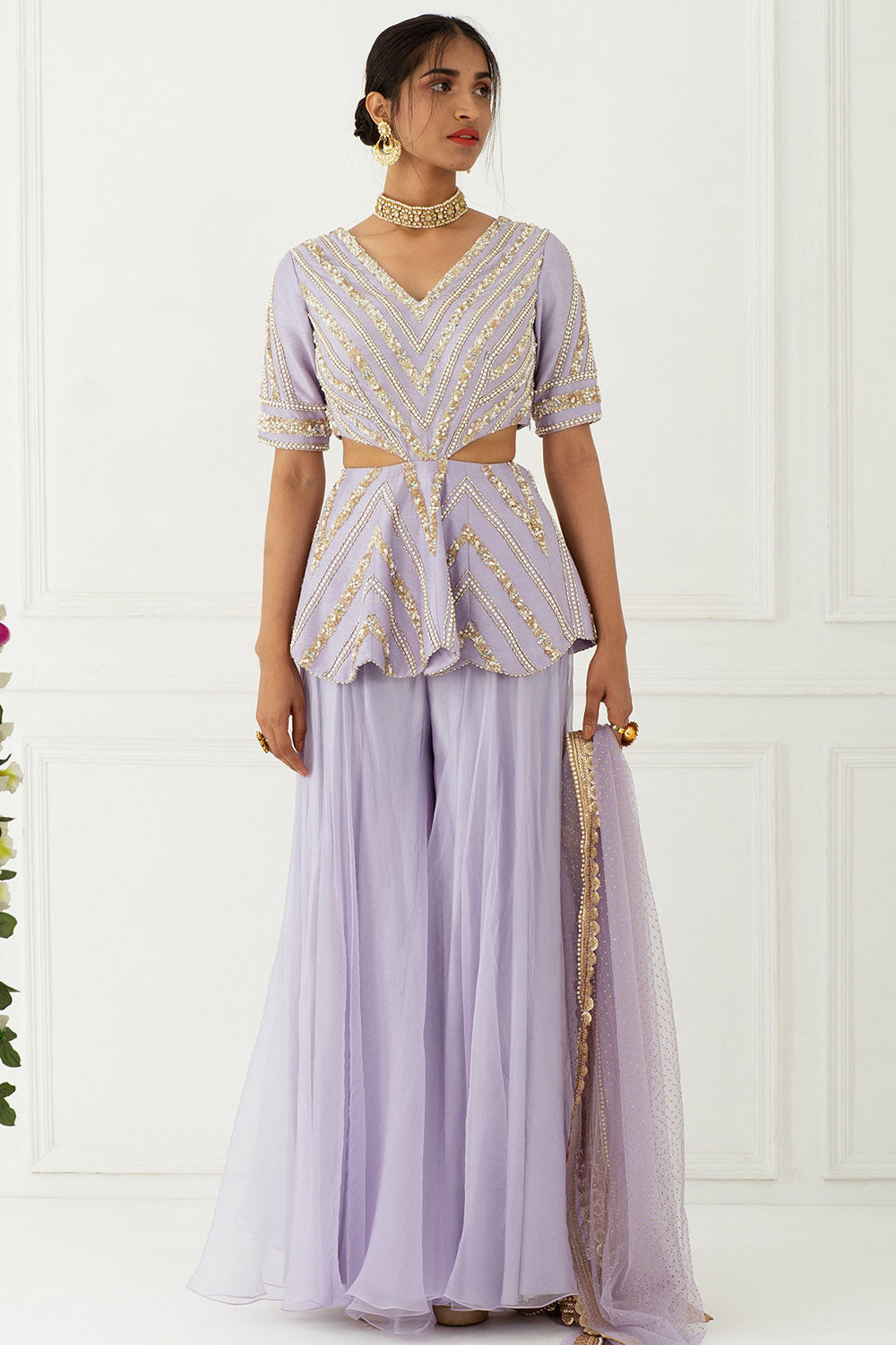 Hand Embroidered Lilac Sharara Set