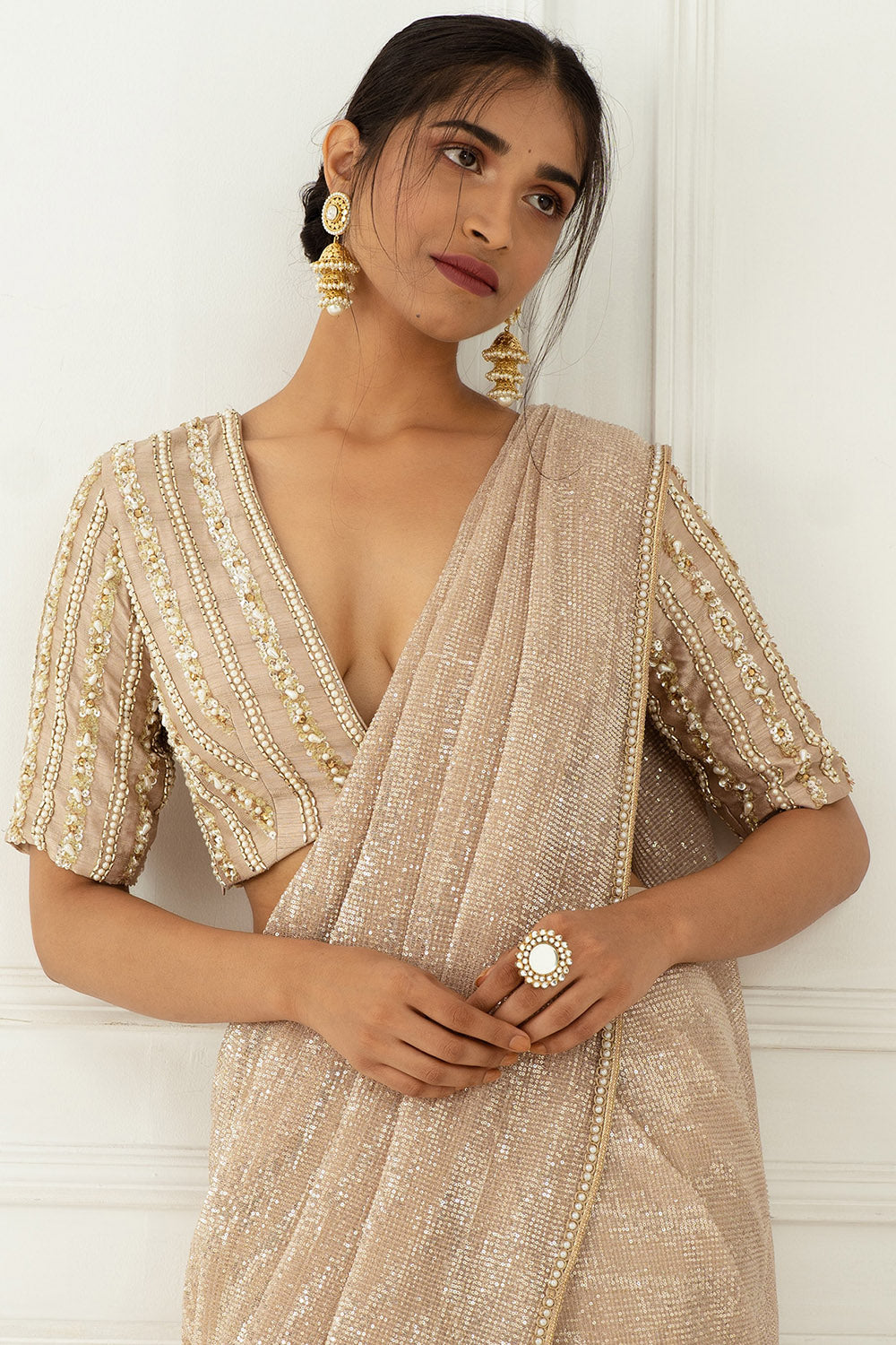 Draped Champagne Saree Set