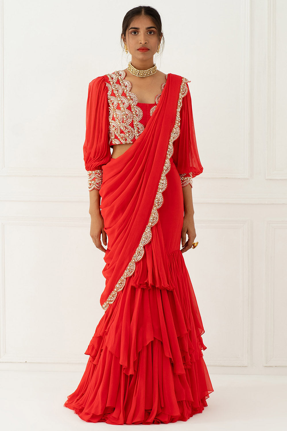 Hand Embroidered Carrot Pink Draped Saree