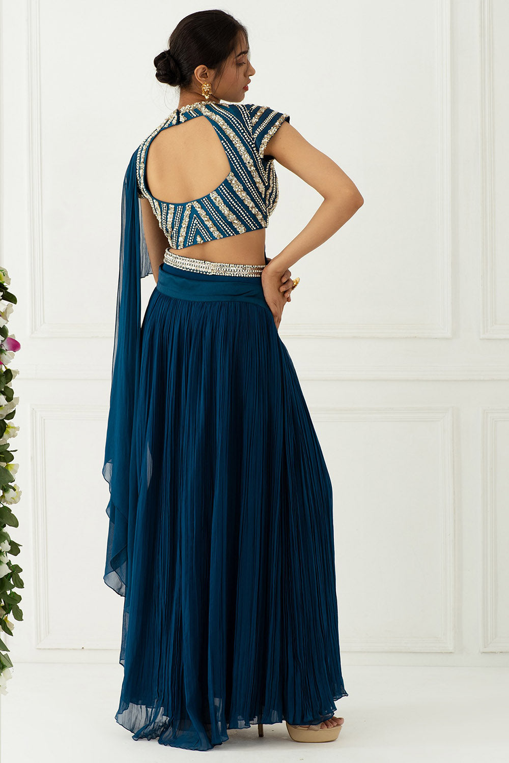 Draped Teal Blue Saree Set