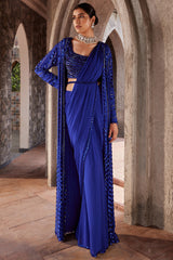 Georgette Blue Draped Jacket Saree Set