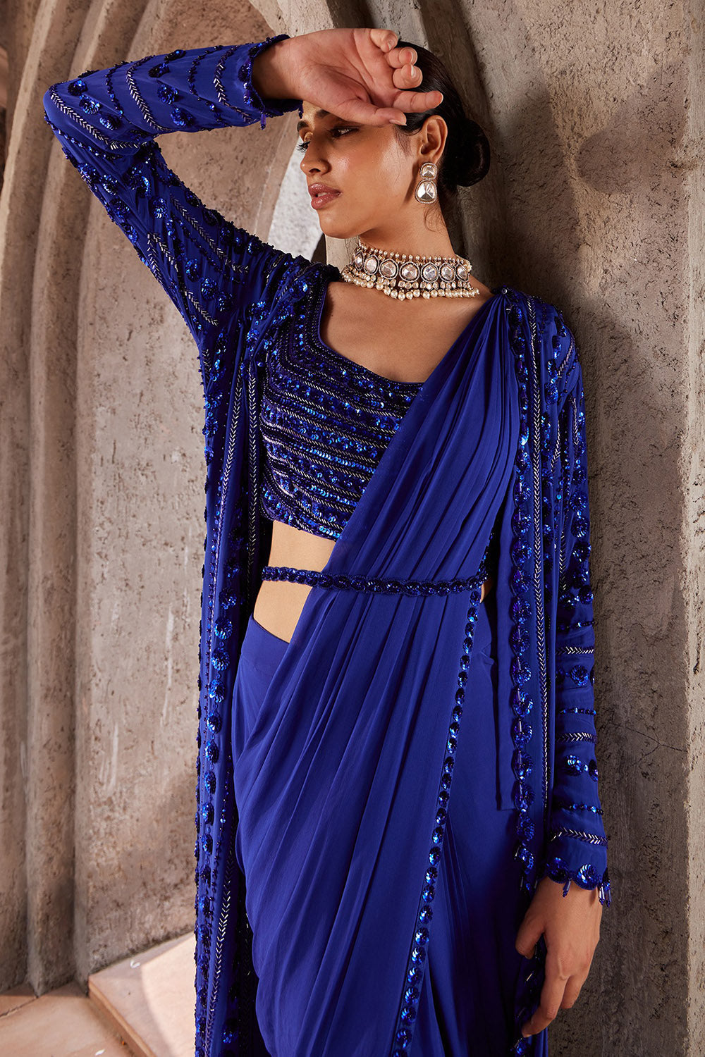 Georgette Blue Draped Jacket Saree Set